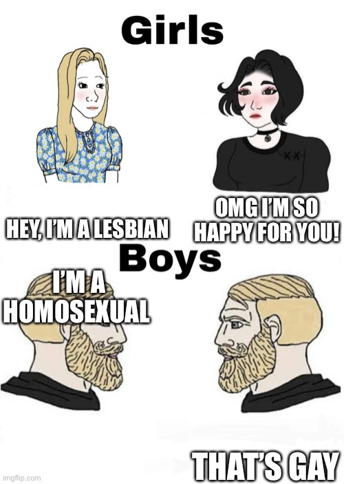 tell me i’m wrong | HEY, I’M A LESBIAN; OMG I’M SO HAPPY FOR YOU! I’M A HOMOSEXUAL; THAT’S GAY | image tagged in girls vs boys | made w/ Imgflip meme maker