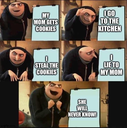 Cookie | I GO TO THE KITCHEN; MY MOM GETS COOKIES; I LIE TO MY MOM; I STEAL THE COOKIES; SHE WILL NEVER KNOW! | image tagged in 5 panel gru meme | made w/ Imgflip meme maker