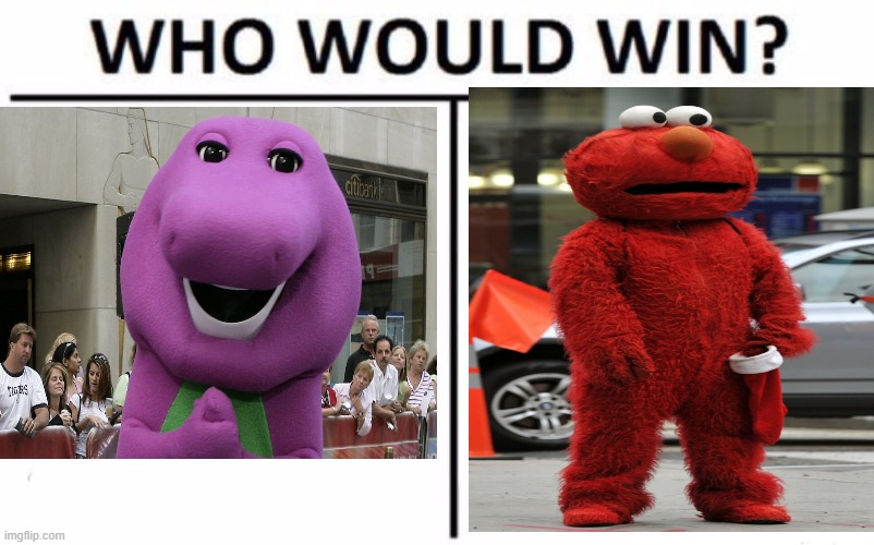 Who would win | image tagged in barney,elmo,fight | made w/ Imgflip meme maker