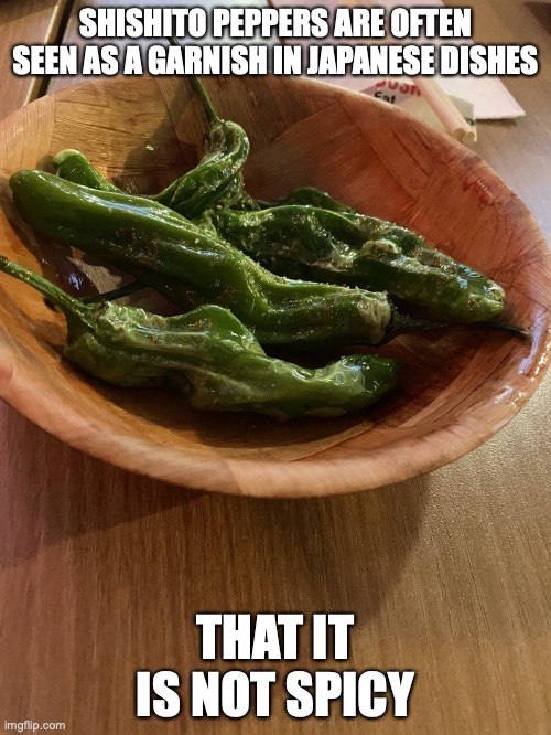 Shishito Peppers | SHISHITO PEPPERS ARE OFTEN SEEN AS A GARNISH IN JAPANESE DISHES; THAT IT IS NOT SPICY | image tagged in food,peppers,memes | made w/ Imgflip meme maker