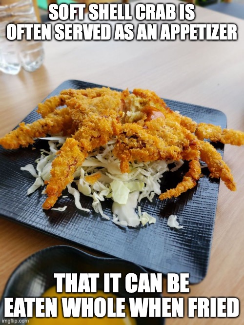 Soft Shell Crab | SOFT SHELL CRAB IS OFTEN SERVED AS AN APPETIZER; THAT IT CAN BE EATEN WHOLE WHEN FRIED | image tagged in memes,food | made w/ Imgflip meme maker