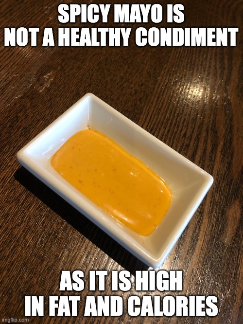 Spicy Mayo | SPICY MAYO IS NOT A HEALTHY CONDIMENT; AS IT IS HIGH IN FAT AND CALORIES | image tagged in condiment,memes,food,mayonnaise | made w/ Imgflip meme maker