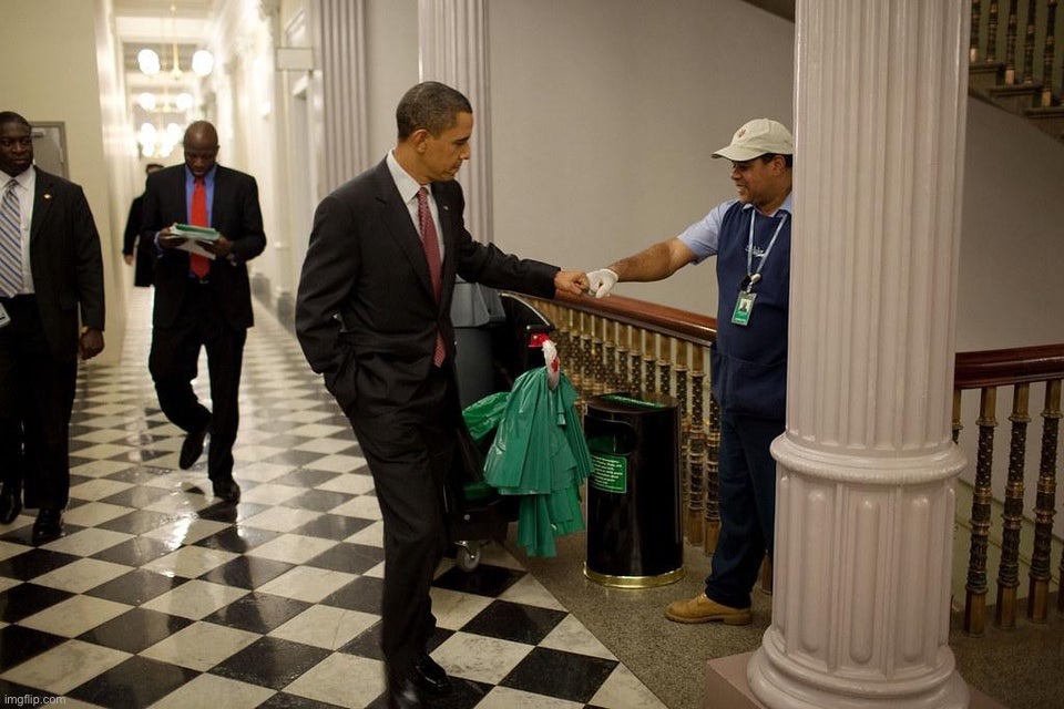 Obama fist bumping janitor | image tagged in obama fist bumping janitor | made w/ Imgflip meme maker