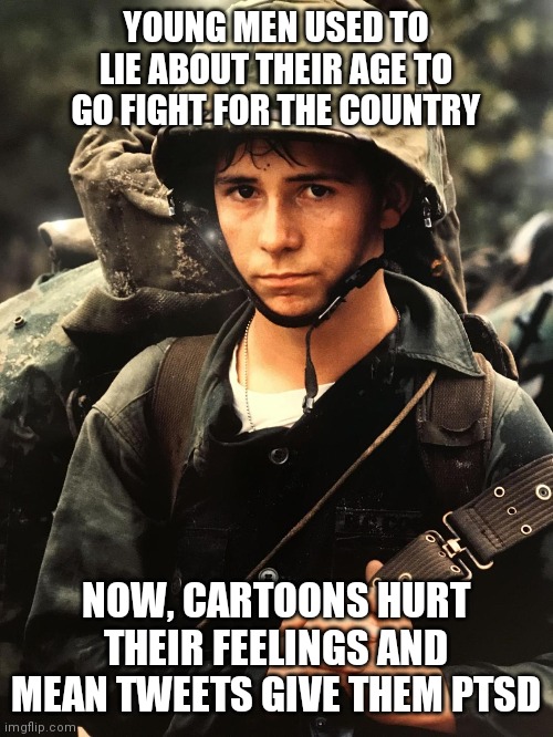Young men |  YOUNG MEN USED TO LIE ABOUT THEIR AGE TO GO FIGHT FOR THE COUNTRY; NOW, CARTOONS HURT THEIR FEELINGS AND MEAN TWEETS GIVE THEM PTSD | image tagged in young,us military | made w/ Imgflip meme maker