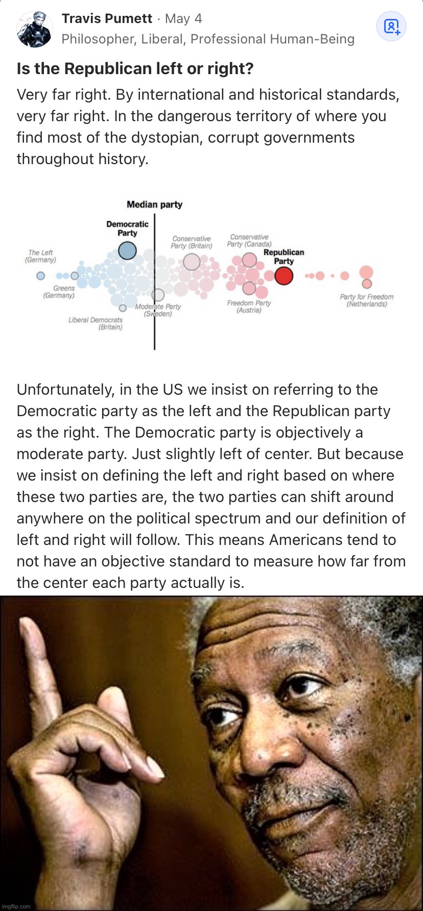 Why am I a Democrat? Because I’m a centrist. | image tagged in republican party far-right,morgan freeman this hq | made w/ Imgflip meme maker