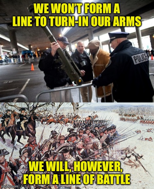 The Second Amendment Be Like... | WE WON’T FORM A LINE TO TURN-IN OUR ARMS; WE WILL, HOWEVER, 
FORM A LINE OF BATTLE | image tagged in second amendment,gun confiscation,battle lines,revolution | made w/ Imgflip meme maker