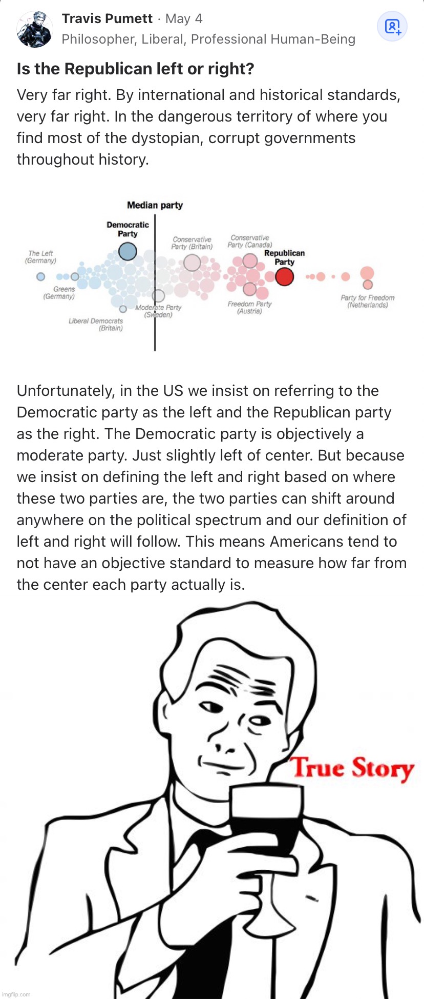 Why am I a Democrat? Because I’m a centrist. | image tagged in republican party far-right,memes,true story | made w/ Imgflip meme maker