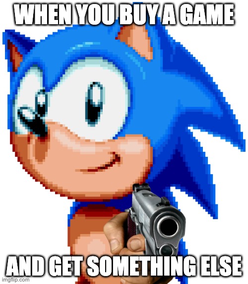 sonic with a gun | WHEN YOU BUY A GAME; AND GET SOMETHING ELSE | image tagged in sonic with a gun | made w/ Imgflip meme maker