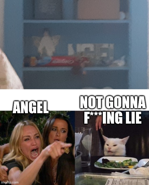 My sister has this decoration on her shelf and i keep reading it wrong | NOT GONNA F***ING LIE; ANGEL | image tagged in memes,woman yelling at cat,keep reading this wrong | made w/ Imgflip meme maker