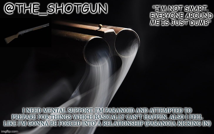 V E N T | I NEED MENTAL SUPPORT. I'M PARANOID AND ATTEMPTED TO PREPARE FOR THINGS WHICH BASICALLY CAN'T HAPPEN. ALSO I FEEL LIKE I'M GONNA BE FORCED INTO A RELATIONSHIP (PARANOIA KICKING IN) | image tagged in yet another temp for shotgun | made w/ Imgflip meme maker