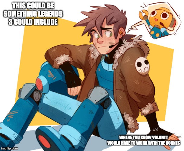 Volnutt With Fingerless Gloves | THIS COULD BE SOMETHING LEGENDS 3 COULD INCLUDE; WHERE YOU KNOW VOLUNTT WOULD HAVE TO WORK WITH THE BONNES | image tagged in megaman,megaman legends,megaman voluntt,memes | made w/ Imgflip meme maker