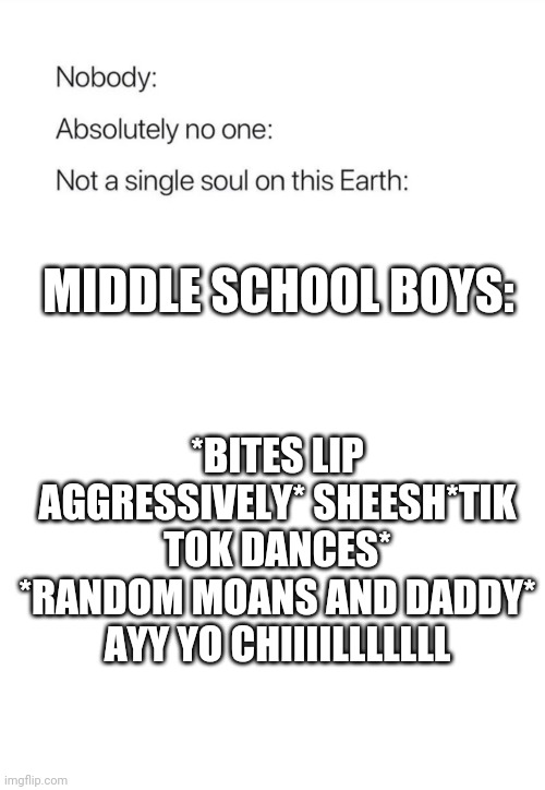 Nobody:, Absolutely no one: | MIDDLE SCHOOL BOYS:; *BITES LIP AGGRESSIVELY* SHEESH*TIK TOK DANCES* *RANDOM MOANS AND DADDY* AYY YO CHIIIILLLLLLL | image tagged in nobody absolutely no one | made w/ Imgflip meme maker