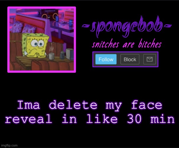 Should I delete it tho | Ima delete my face reveal in like 30 min | image tagged in sponge neon temp | made w/ Imgflip meme maker