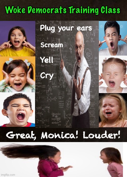 Get ‘em While They’re Young | Woke Democrats Training Class; Plug your ears; Scream; Yell; Cry; Great, Monica! Louder! | image tagged in brainwashing begins in the school,more brain bleach from hollywood,continue through msm,universities solidify thoughts | made w/ Imgflip meme maker