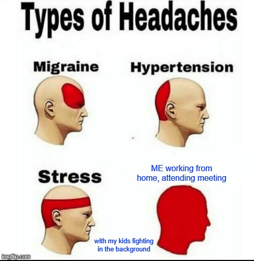 Work From Home Struggles | ME working from home, attending meeting; with my kids fighting
in the background | image tagged in types of headaches meme | made w/ Imgflip meme maker