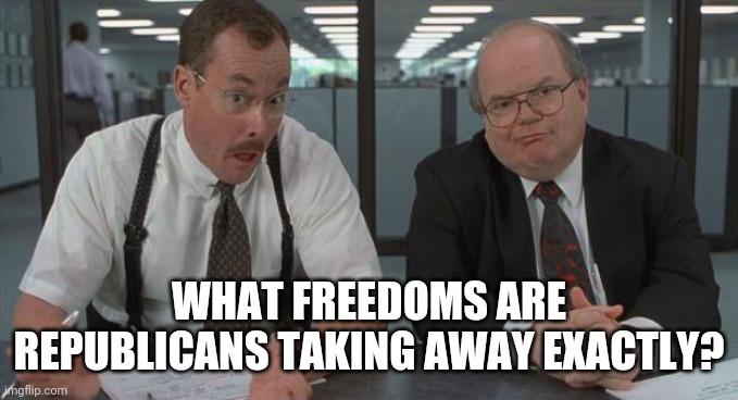 What exactly you say you do here | WHAT FREEDOMS ARE REPUBLICANS TAKING AWAY EXACTLY? | image tagged in what exactly you say you do here | made w/ Imgflip meme maker