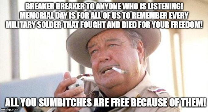 Buford T Justice | BREAKER BREAKER TO ANYONE WHO IS LISTENING! MEMORIAL DAY IS FOR ALL OF US TO REMEMBER EVERY MILITARY SOLDER THAT FOUGHT AND DIED FOR YOUR FREEDOM! ALL YOU SUMBITCHES ARE FREE BECAUSE OF THEM! | image tagged in buford t justice | made w/ Imgflip meme maker