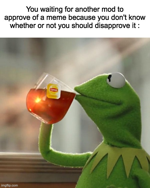 True story? | You waiting for another mod to approve of a meme because you don't know whether or not you should disapprove it : | image tagged in memes,streams,lol,funny,kermit,kermit sipping tea | made w/ Imgflip meme maker