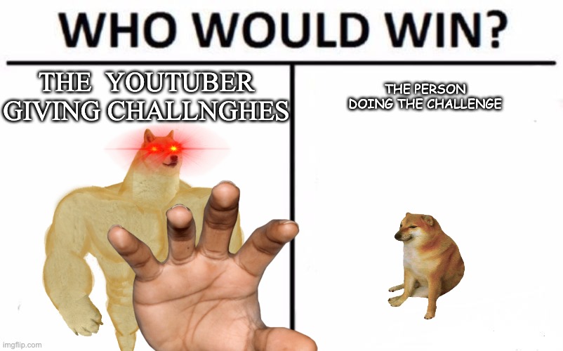 youtube challenghes be like | THE  YOUTUBER GIVING CHALLNGHES; THE PERSON DOING THE CHALLENGE | image tagged in memes,who would win | made w/ Imgflip meme maker