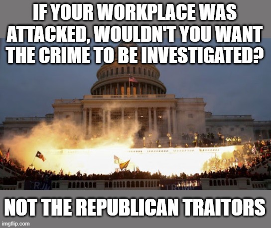 Insurrection by Domestic Terrorists | IF YOUR WORKPLACE WAS ATTACKED, WOULDN'T YOU WANT THE CRIME TO BE INVESTIGATED? NOT THE REPUBLICAN TRAITORS | image tagged in insurrection,traitors,treason,overthrow the government,the big lie | made w/ Imgflip meme maker