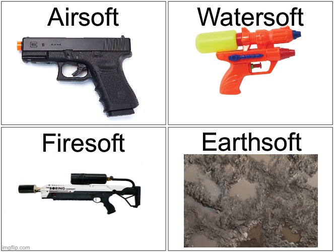 Long ago, the four elements lived in harmony... | Airsoft; Watersoft; Earthsoft; Firesoft | image tagged in memes,blank comic panel 2x2,avatar the last airbender,avatar,the legend of korra,airsoft | made w/ Imgflip meme maker