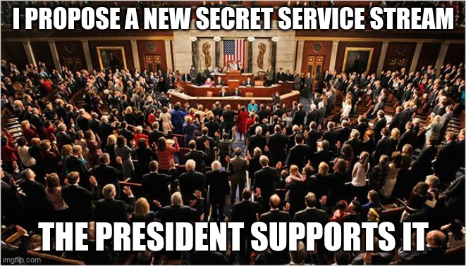 Can Congress vote on whether it should be made? | I PROPOSE A NEW SECRET SERVICE STREAM; THE PRESIDENT SUPPORTS IT | image tagged in congress,vote,make,new,secret service,stream | made w/ Imgflip meme maker