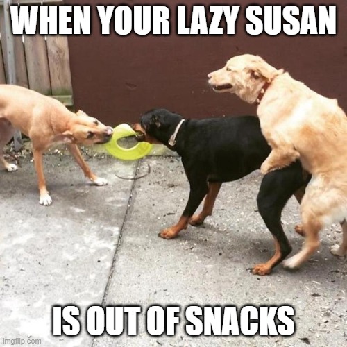 Dog eats Dog | WHEN YOUR LAZY SUSAN; IS OUT OF SNACKS | image tagged in dog eats dog | made w/ Imgflip meme maker