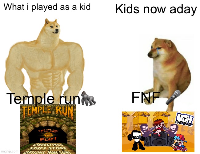 Buff Doge vs. Cheems | What i played as a kid; Kids now aday; FNF 🎤; Temple run🦍 | image tagged in memes,buff doge vs cheems | made w/ Imgflip meme maker