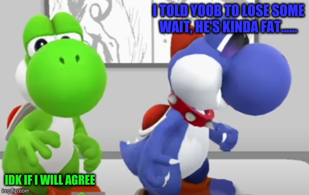 Yoshi & Boshi | I TOLD YOOB TO LOSE SOME WAIT, HE'S KINDA FAT...... IDK IF I WILL AGREE | image tagged in yoshi boshi | made w/ Imgflip meme maker