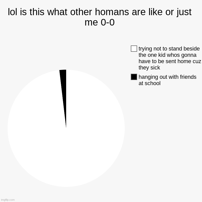 lol is this what other homans are like or just me 0-0 | hanging out with friends at school, trying not to stand beside the one kid whos gonn | image tagged in charts,pie charts | made w/ Imgflip chart maker