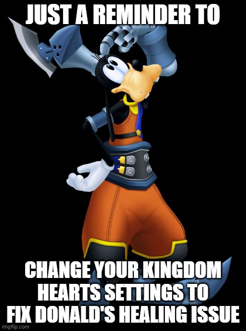 A reminder! | JUST A REMINDER TO; CHANGE YOUR KINGDOM HEARTS SETTINGS TO FIX DONALD'S HEALING ISSUE | image tagged in kingdom hearts goofie well maybe | made w/ Imgflip meme maker