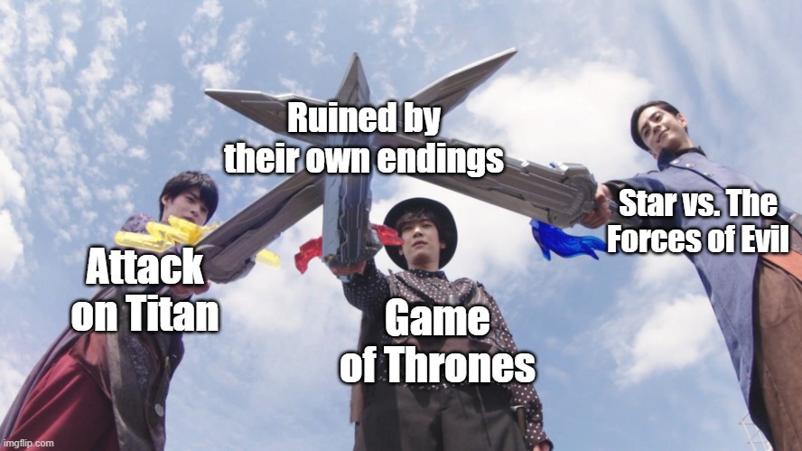 Roundtable (Saber Ver.) | Ruined by their own endings; Star vs. The Forces of Evil; Attack on Titan; Game of Thrones | image tagged in roundtable saber ver | made w/ Imgflip meme maker