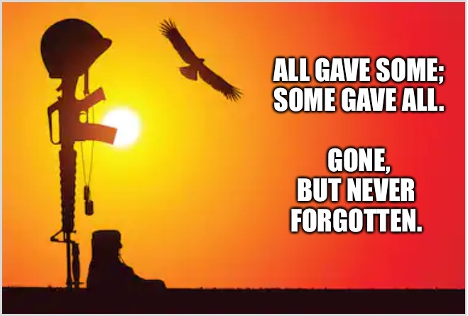 All gave some | ALL GAVE SOME;
SOME GAVE ALL.
 
GONE,
BUT NEVER 
FORGOTTEN. | image tagged in fallen soldier | made w/ Imgflip meme maker