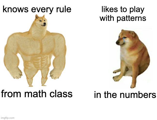 Buff doge is boring. Play with your math! | knows every rule; likes to play with patterns; from math class; in the numbers | image tagged in memes,buff doge vs cheems,math | made w/ Imgflip meme maker