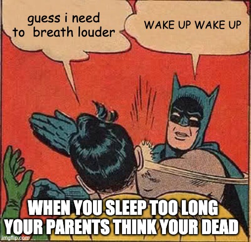 Batman Slapping Robin | guess i need to  breath louder; WAKE UP WAKE UP; WHEN YOU SLEEP TOO LONG YOUR PARENTS THINK YOUR DEAD | image tagged in memes,batman slapping robin | made w/ Imgflip meme maker