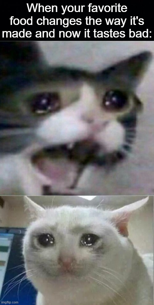 When your favorite food changes the way it's made and now it tastes bad: | image tagged in black background,crying cat | made w/ Imgflip meme maker