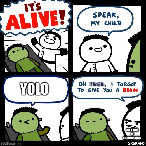 It's alive | YOLO; BELIEVERS OF REINCARNATION | image tagged in it's alive | made w/ Imgflip meme maker