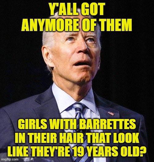 Joe Biden | Y'ALL GOT ANYMORE OF THEM GIRLS WITH BARRETTES IN THEIR HAIR THAT LOOK LIKE THEY'RE 19 YEARS OLD? | image tagged in joe biden | made w/ Imgflip meme maker