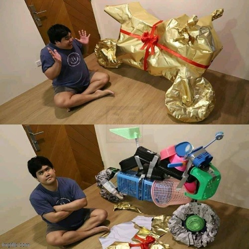 surprise gift low budget | image tagged in expectation vs reality | made w/ Imgflip meme maker