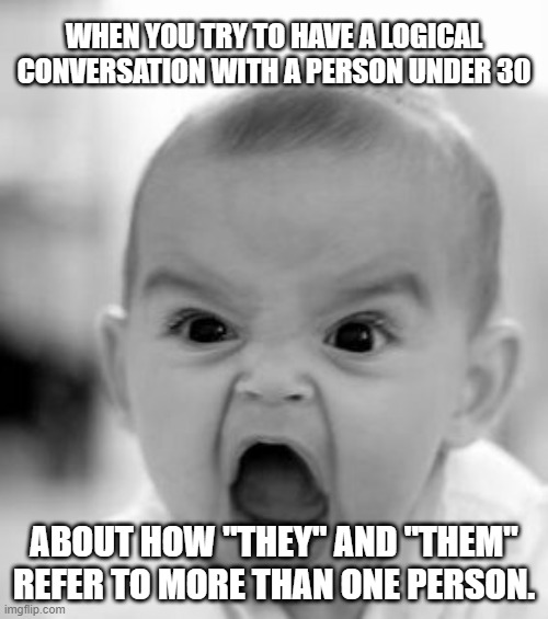 Grammar confused generation | WHEN YOU TRY TO HAVE A LOGICAL CONVERSATION WITH A PERSON UNDER 30; ABOUT HOW "THEY" AND "THEM" REFER TO MORE THAN ONE PERSON. | image tagged in memes,angry baby,grammar nazi teacher,grammar intolerance,them,they | made w/ Imgflip meme maker