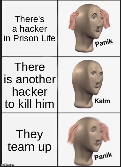 Prison Life but... | There's a hacker in Prison Life; There is another hacker to kill him; They team up | image tagged in memes,panik kalm panik | made w/ Imgflip meme maker