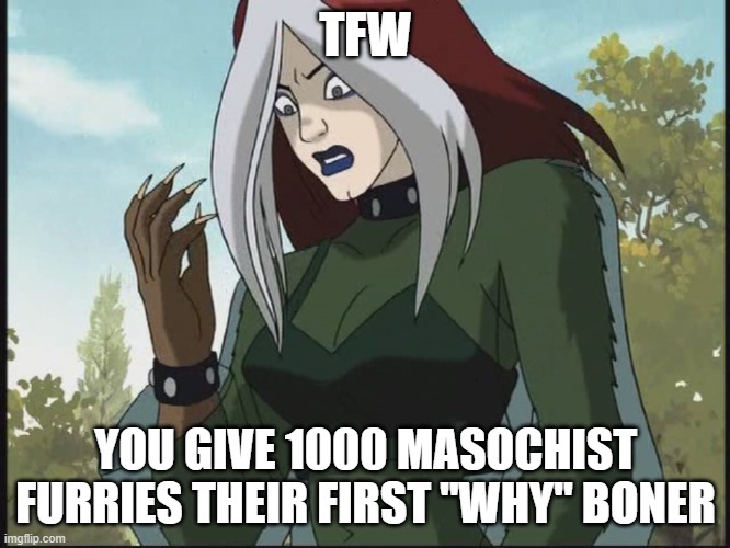 Rogue horror | TFW; YOU GIVE 1000 MASOCHIST FURRIES THEIR FIRST "WHY" BONER | image tagged in confused sabertooth rogue | made w/ Imgflip meme maker