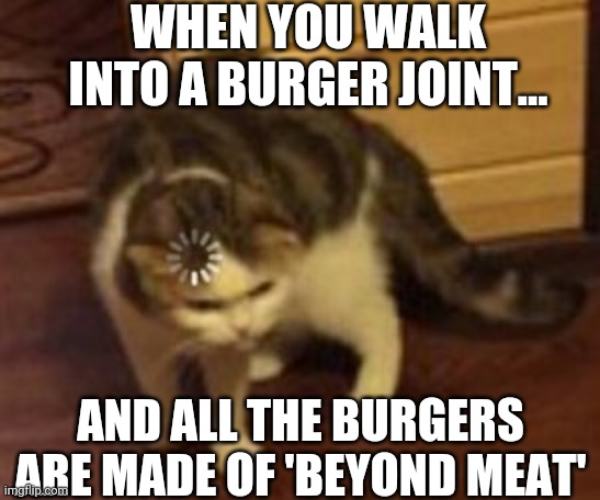 Actually happened to me |  WHEN YOU WALK INTO A BURGER JOINT... AND ALL THE BURGERS ARE MADE OF 'BEYOND MEAT' | image tagged in loading cat,beyond meat | made w/ Imgflip meme maker