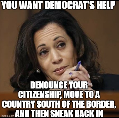 Kamala Harris  | YOU WANT DEMOCRAT'S HELP DENOUNCE YOUR CITIZENSHIP, MOVE TO A COUNTRY SOUTH OF THE BORDER, AND THEN SNEAK BACK IN | image tagged in kamala harris | made w/ Imgflip meme maker