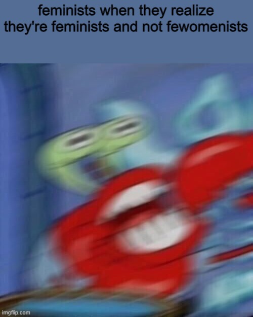>:( | feminists when they realize they're feminists and not fewomenists | image tagged in mr krabs blur | made w/ Imgflip meme maker