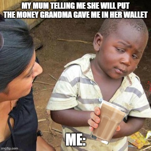 E | MY MUM TELLING ME SHE WILL PUT THE MONEY GRANDMA GAVE ME IN HER WALLET; ME: | image tagged in memes,third world skeptical kid | made w/ Imgflip meme maker