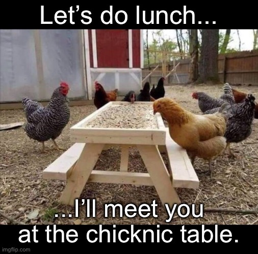 The Courtyard | Let’s do lunch... ...I’ll meet you at the chicknic table. | image tagged in funny memes,eyeroll,bad jokes | made w/ Imgflip meme maker