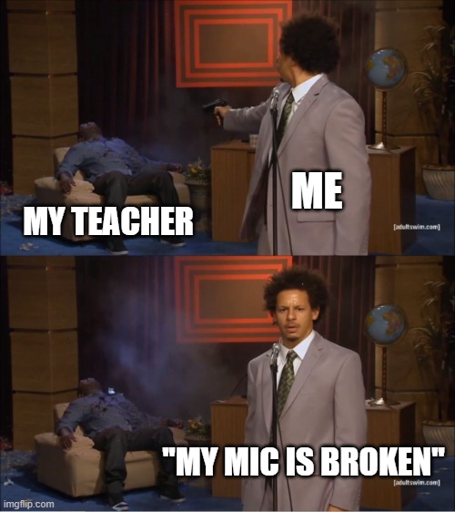 Online class 2# | ME; MY TEACHER; ''MY MIC IS BROKEN'' | image tagged in memes,who killed hannibal | made w/ Imgflip meme maker