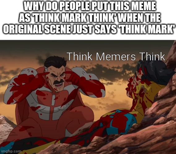 Think Mark, Think | WHY DO PEOPLE PUT THIS MEME AS 'THINK MARK THINK' WHEN THE ORIGINAL SCENE JUST SAYS 'THINK MARK'; Think Memers Think | image tagged in think mark think | made w/ Imgflip meme maker