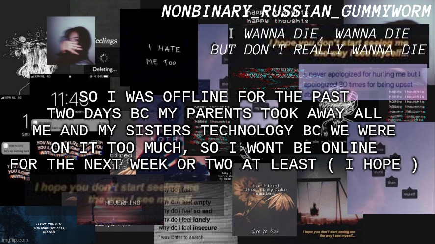 im currently on my dads computer on guest mode at 1:30 am | SO I WAS OFFLINE FOR THE PAST TWO DAYS BC MY PARENTS TOOK AWAY ALL ME AND MY SISTERS TECHNOLOGY BC WE WERE ON IT TOO MUCH, SO I WONT BE ONLINE FOR THE NEXT WEEK OR TWO AT LEAST ( I HOPE ) | image tagged in nonbinary gummyworms depresso temp | made w/ Imgflip meme maker